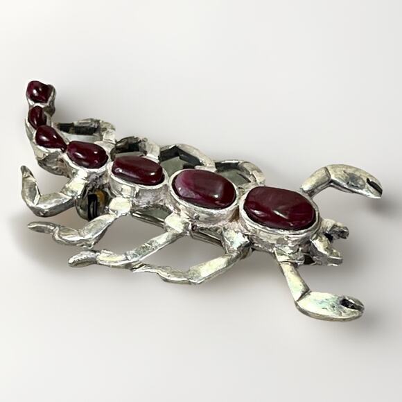 Vintage Native American Sterling Silver Red Coral Scorpion Pin Brooch Signed - Picture 3 of 13